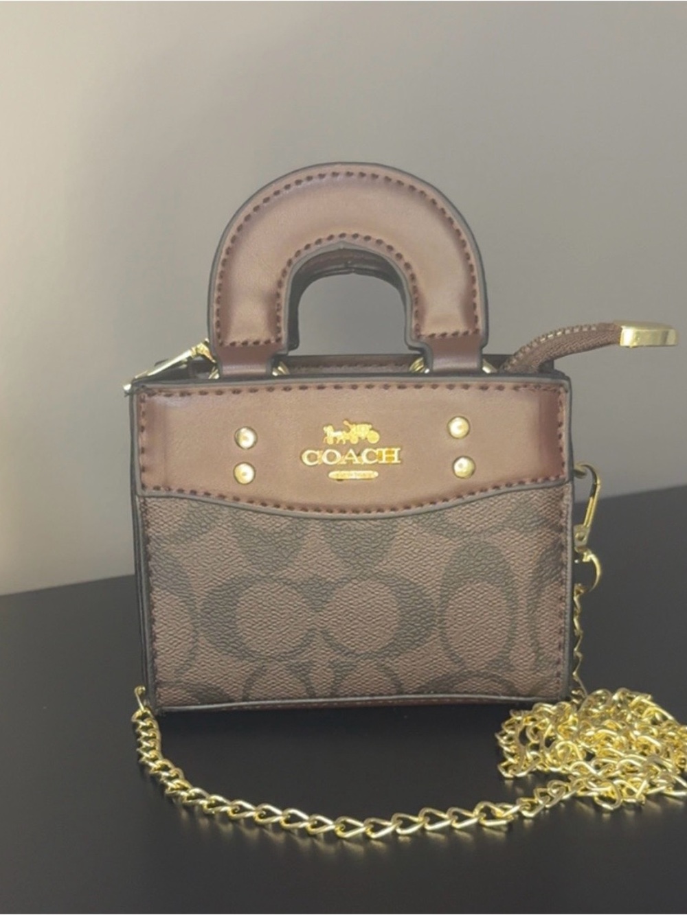 Coach Brown Signature Mini Satchel with Gold Chain Strap